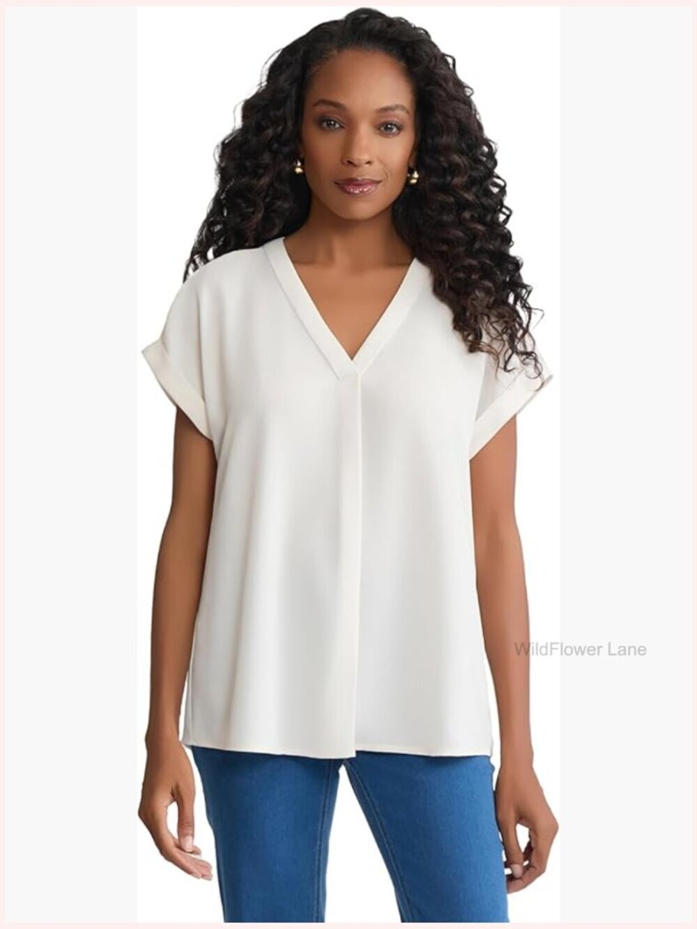 V-Neck Rolled Cuff Sleeve Blouse - Short Sleeve Top